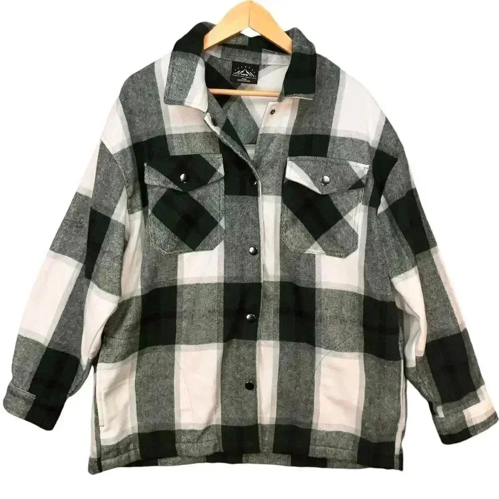 HFX Womens Green Plaid Flannel Snap Button Comfy Casual Fall Shirt Jacket Medium